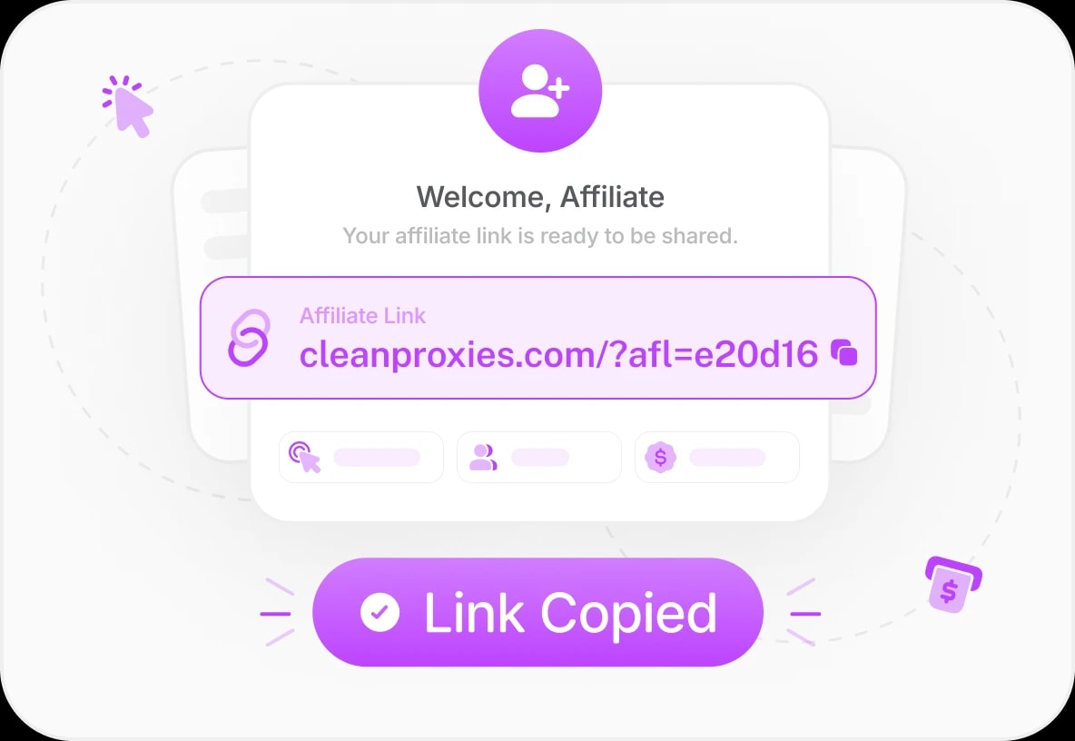 Affiliate dashboard showing a unique affiliate link being copied