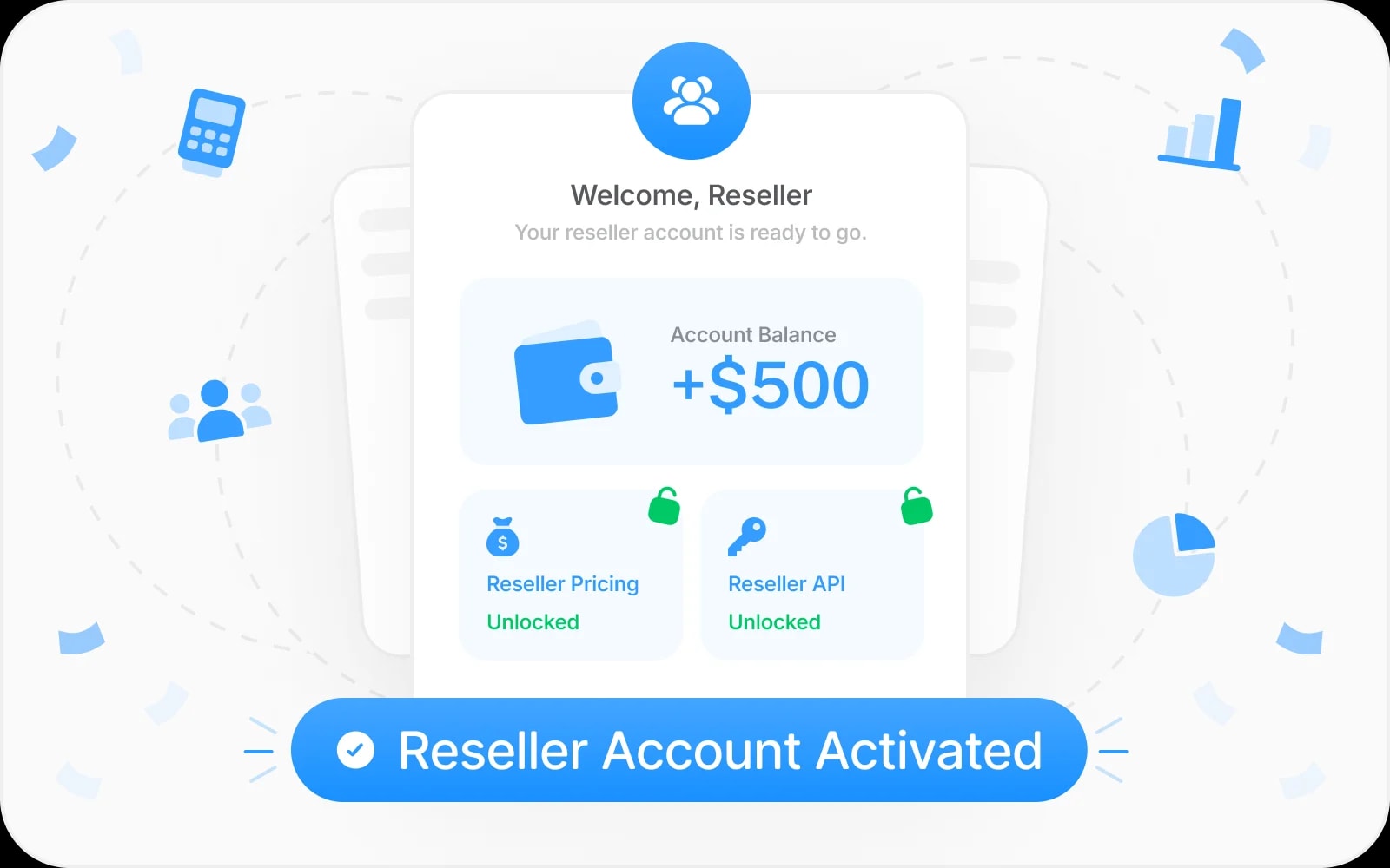 Reseller dashboard confirming an activated account with a $500 balance